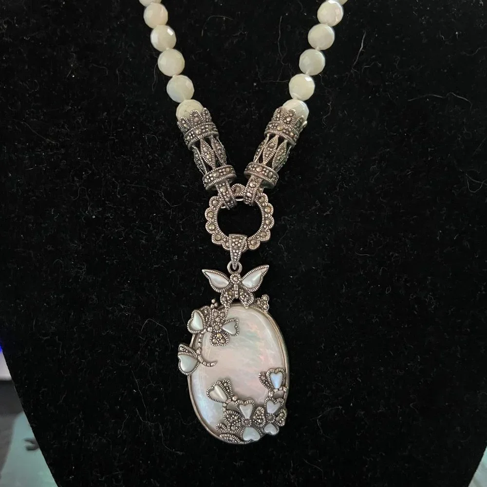 Artisan 925 Silver MOP Marcasite Faceted Iolite Tourmaline Necklace - Picture 2 of 9